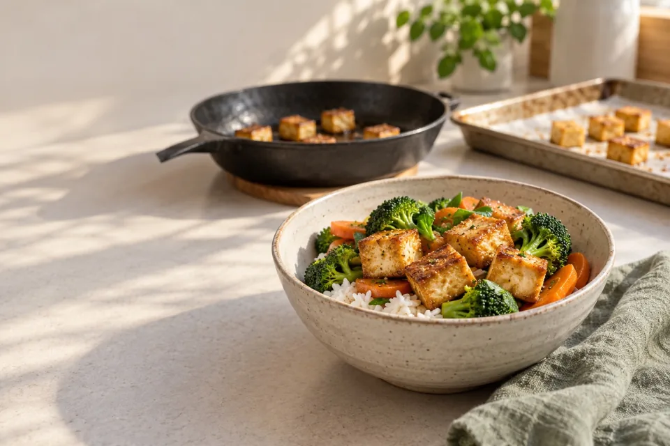 A tofu rice bowl with broccoli and carrots rests beside a skillet and baking tray in soft window light.