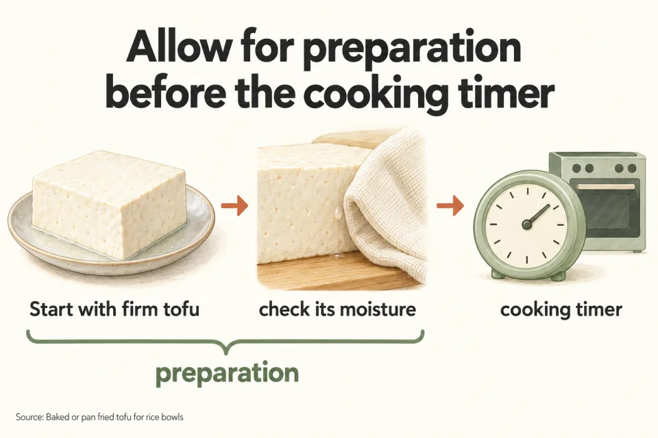 Arrows connect firm tofu and a moisture check to a cooking timer, with preparation grouped separately.