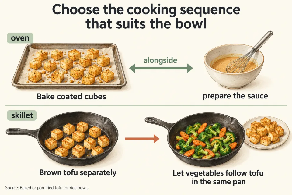 Parallel oven and sauce preparation appears above a skillet sequence showing tofu followed by vegetables.