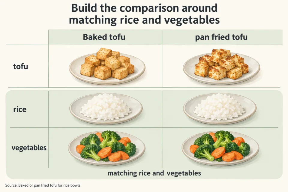 A comparison grid pairs baked and pan fried tofu with matching portions of rice and vegetables.