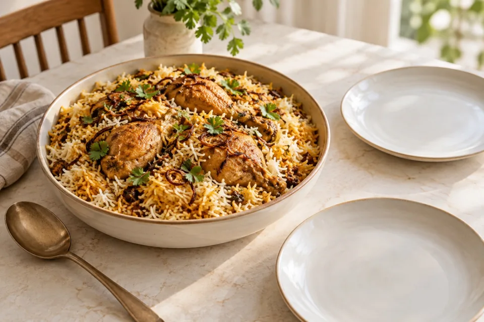 A dish of chicken biryani sits beside empty plates and a serving spoon on a sunlit table.