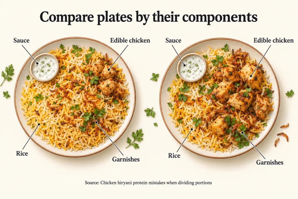 Two biryani plates contain different amounts of chicken and rice, with labels identifying their components.