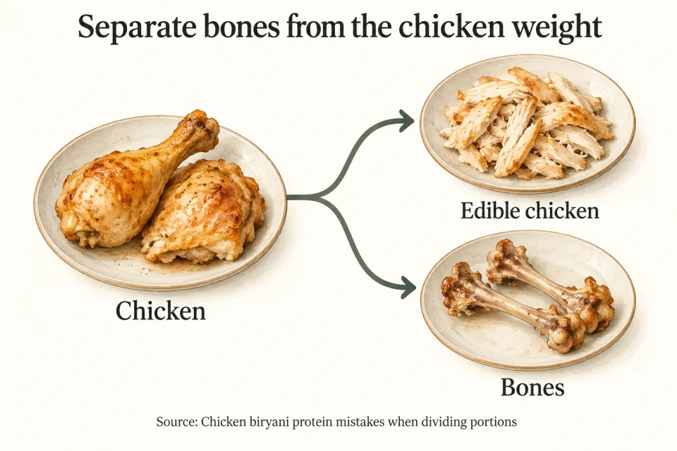 Arrows connect cooked chicken to separate dishes of edible meat and bones.