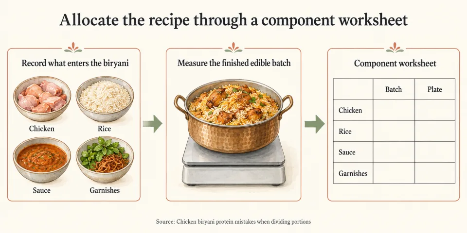 A workflow connects ingredient bowls, a finished biryani batch on a scale, and a blank component worksheet.