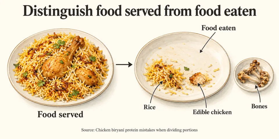A before-and-after diagram shows served biryani followed by remaining rice, chicken and separated bones.