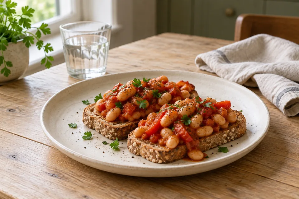 Beans in tomato sauce sit on toast beside a glass of water in soft window light.