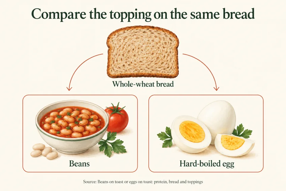 Whole-wheat bread branches into topping options of beans and hard-boiled egg.