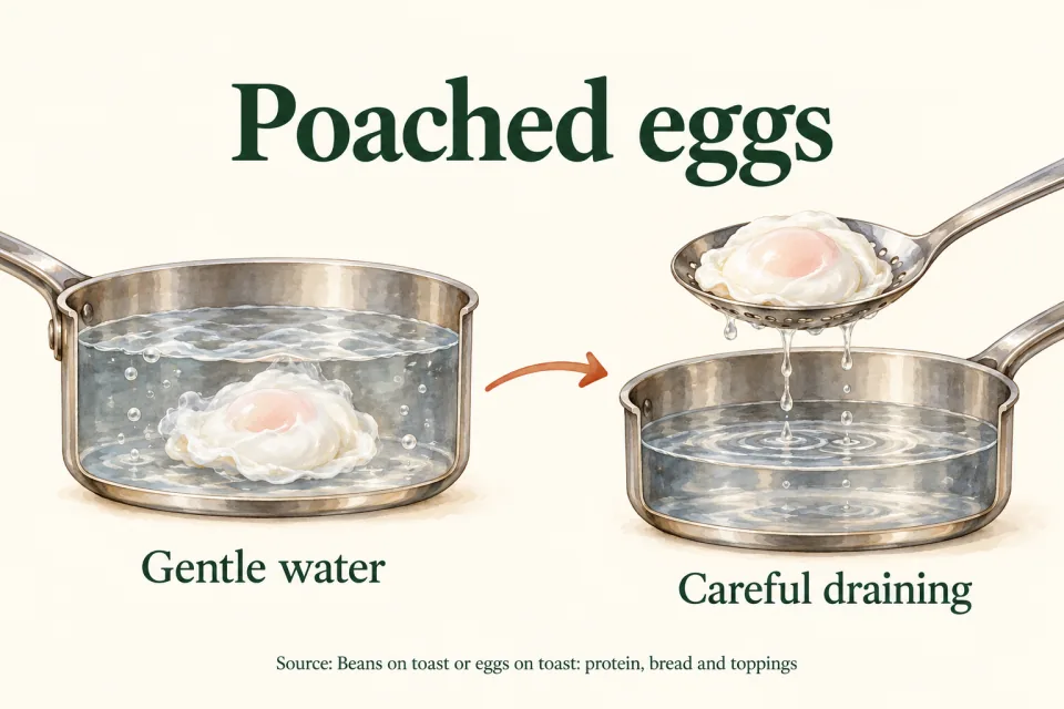 An egg cooks in gentle water before draining on a slotted spoon above the pan.
