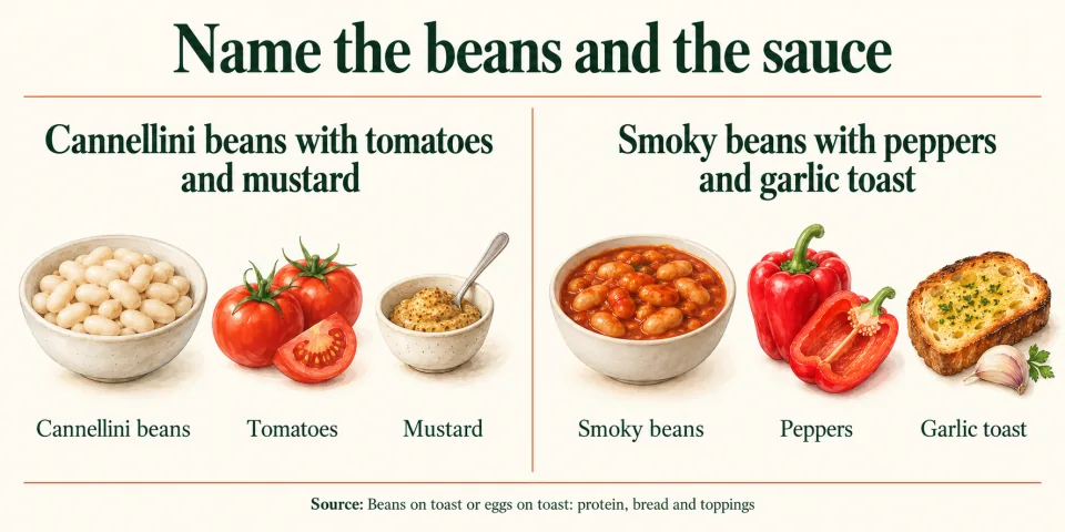 Ingredient groups compare cannellini beans with tomatoes and mustard against smoky beans with peppers and garlic toast.