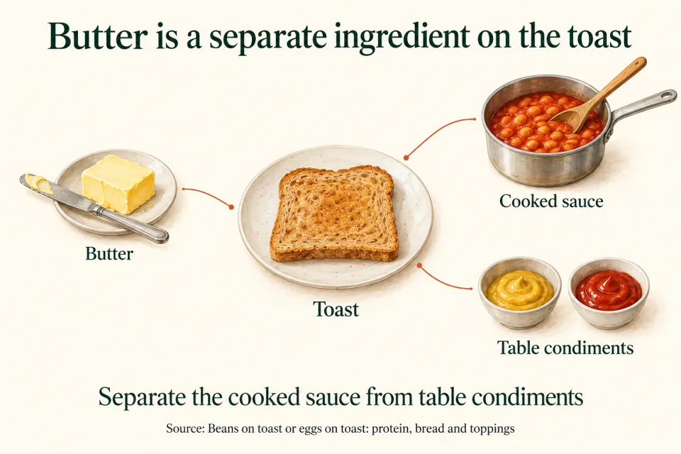 Separate illustrations of butter, cooked sauce, and table condiments connect to a slice of toast.