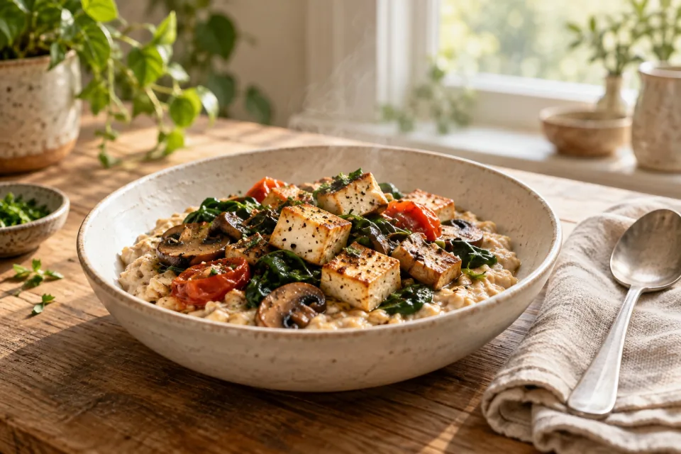 A bowl of savoury oatmeal topped with browned tofu and vegetables sits on a sunlit wooden table.