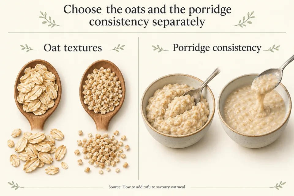Dry oat textures appear beside bowls showing thick and loose porridge consistencies.
