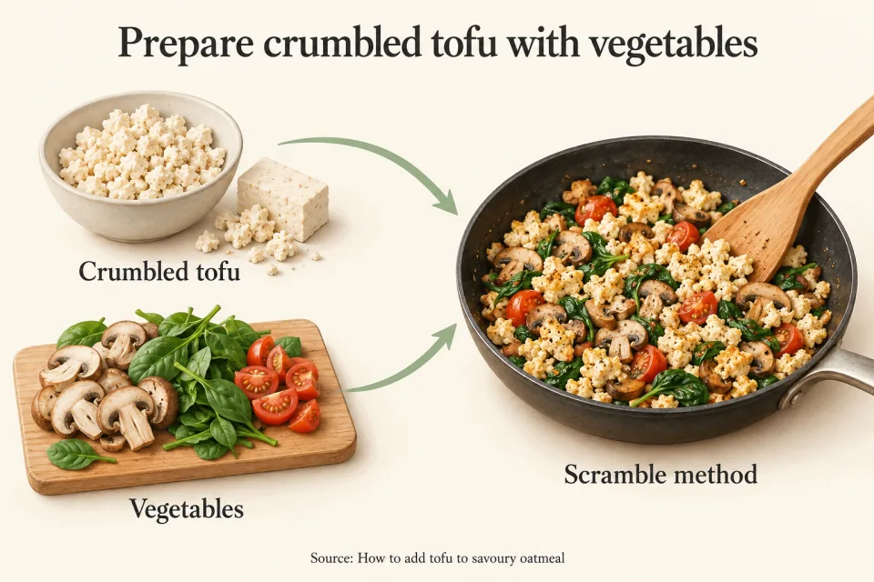 Arrows connect crumbled tofu and vegetables to a skillet containing a tofu scramble.