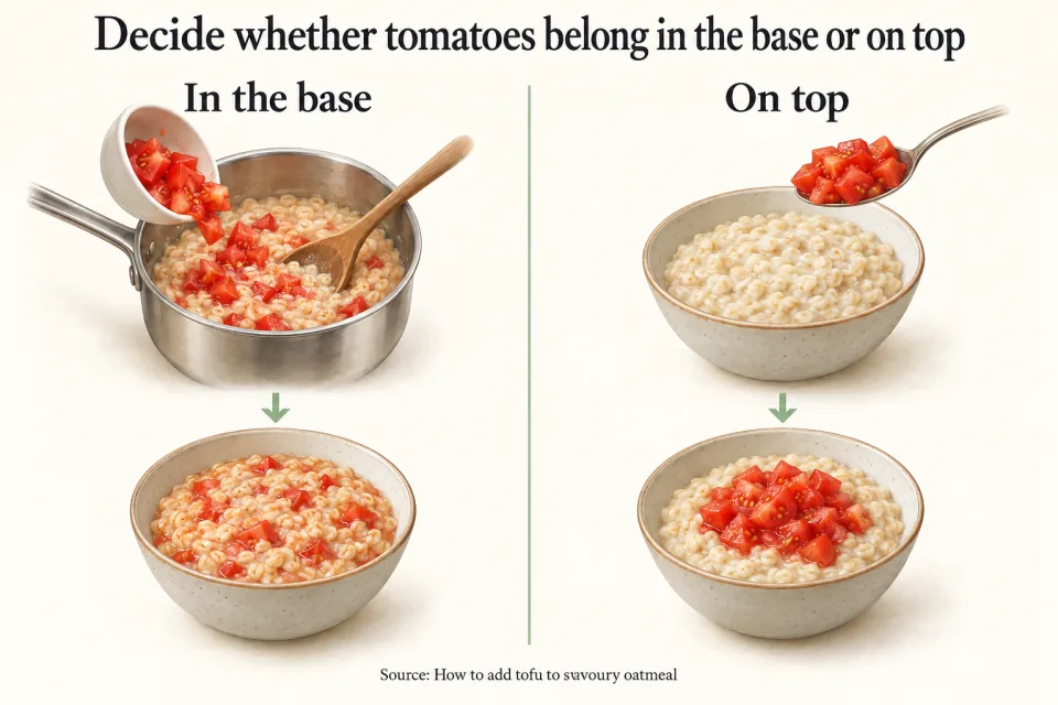 Two illustrated paths compare tomatoes stirred into oatmeal with tomatoes added on top.