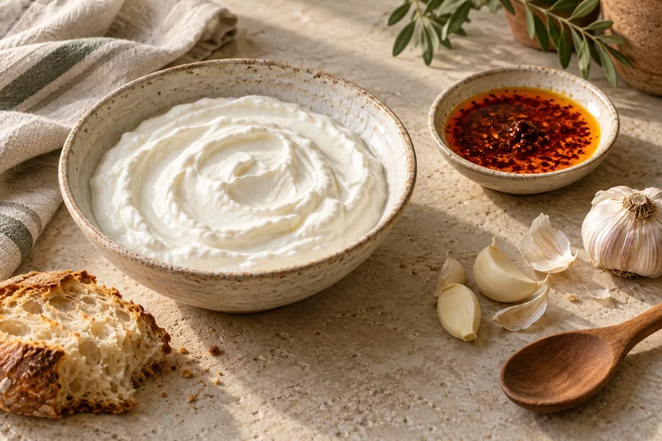 A bowl of thick yogurt sits beside garlic, bread and pepper oil on a softly lit kitchen surface.