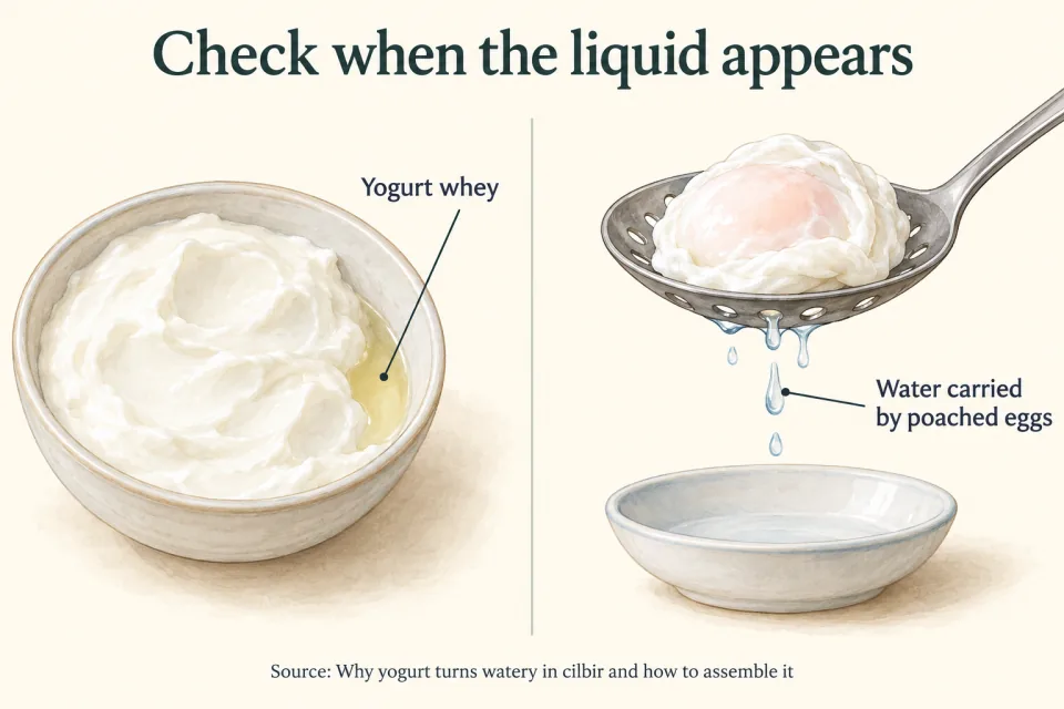Side-by-side illustrations show whey beside yogurt and water dripping from a poached egg on a slotted spoon.
