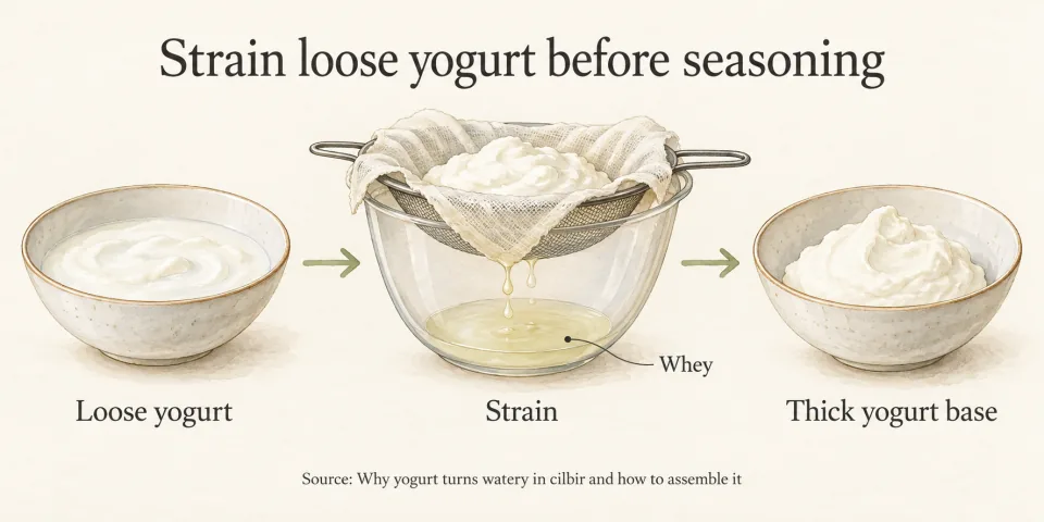 Arrows connect loose yogurt, a cloth-lined sieve collecting whey in a bowl, and a thick yogurt base.