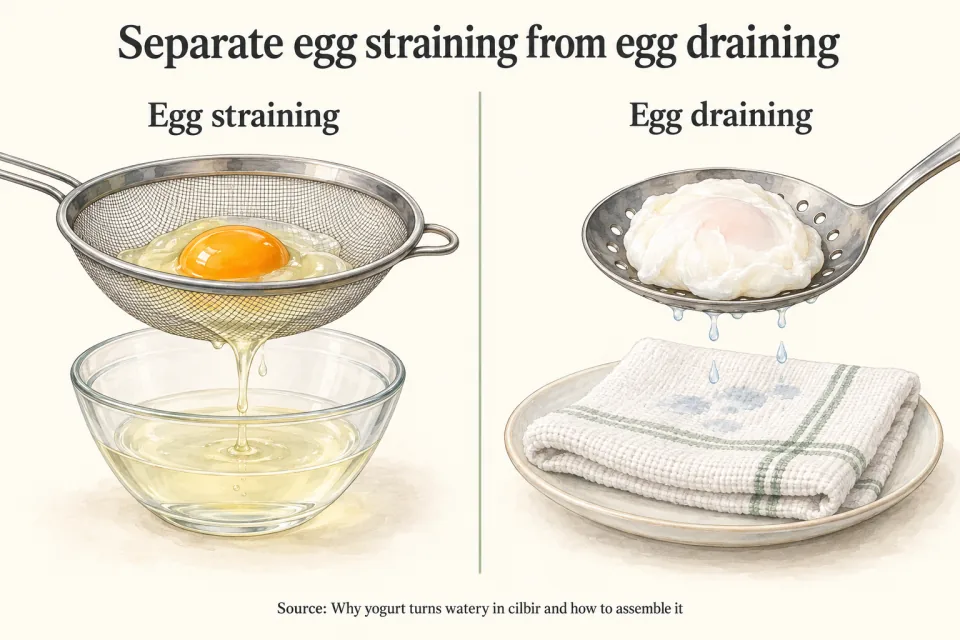 An uncooked egg strains through a mesh sieve beside a poached egg draining on a slotted spoon over a cloth.
