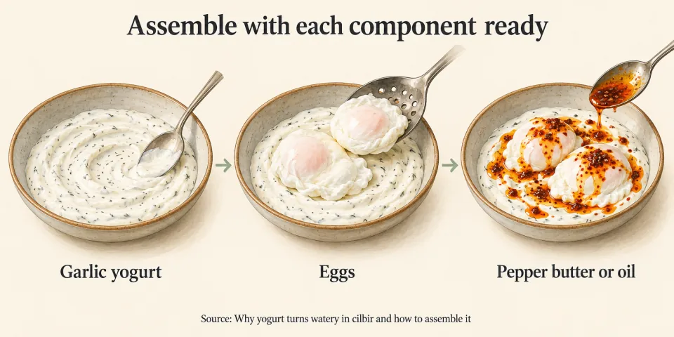 An assembly sequence shows garlic yogurt in a bowl, poached eggs added, and pepper butter or oil spooned over them.